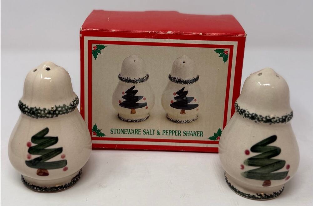 Stoneware Christmas Tree Salt & Pepper Shakers Cream Red and Green
